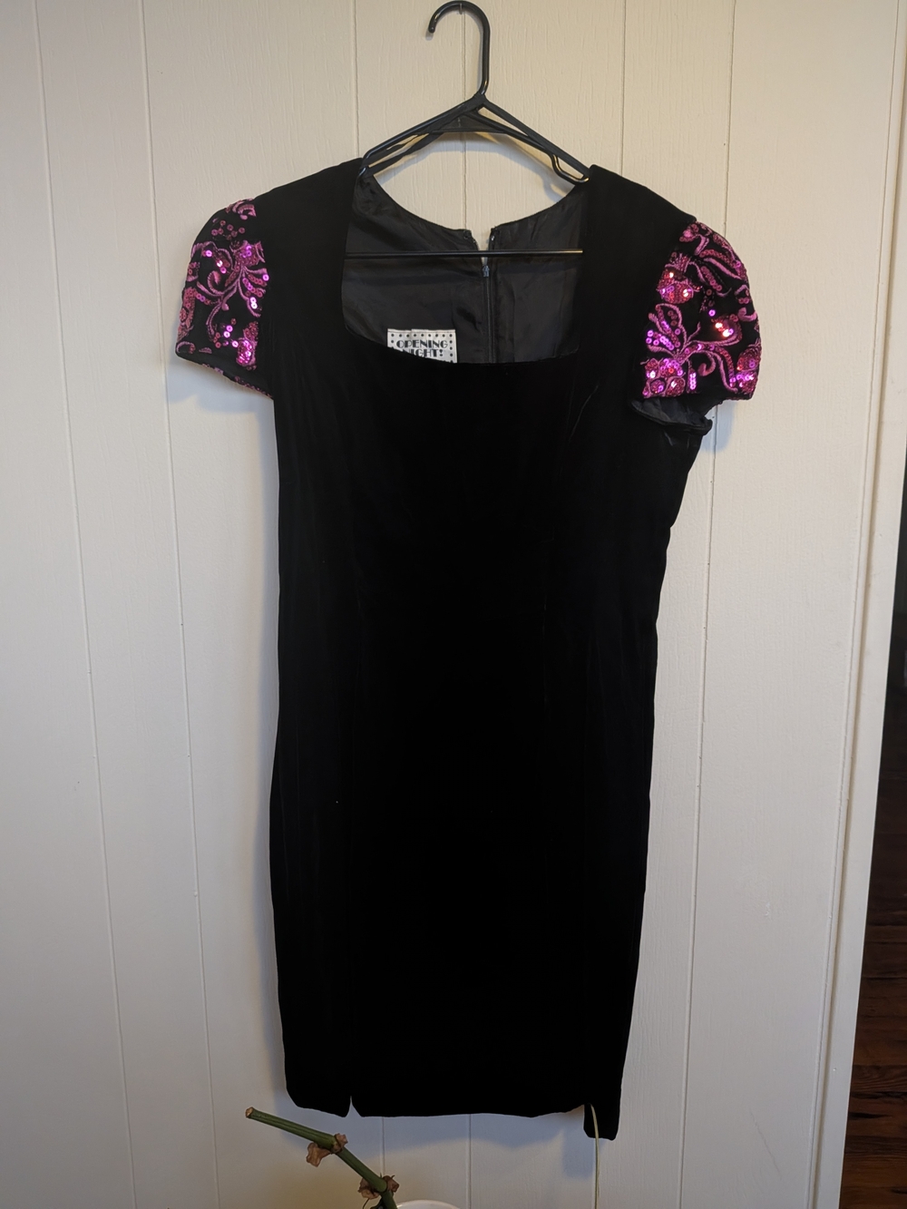Black Velvet Dress with Pink Sequin Puff Sleeves